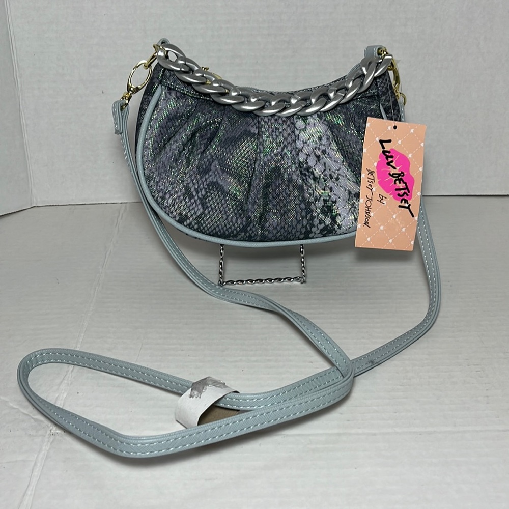 Betsey Johnson Gray Snakeskin Mini Crossbody Bag “CUTIEE” with Chain Accent NWT